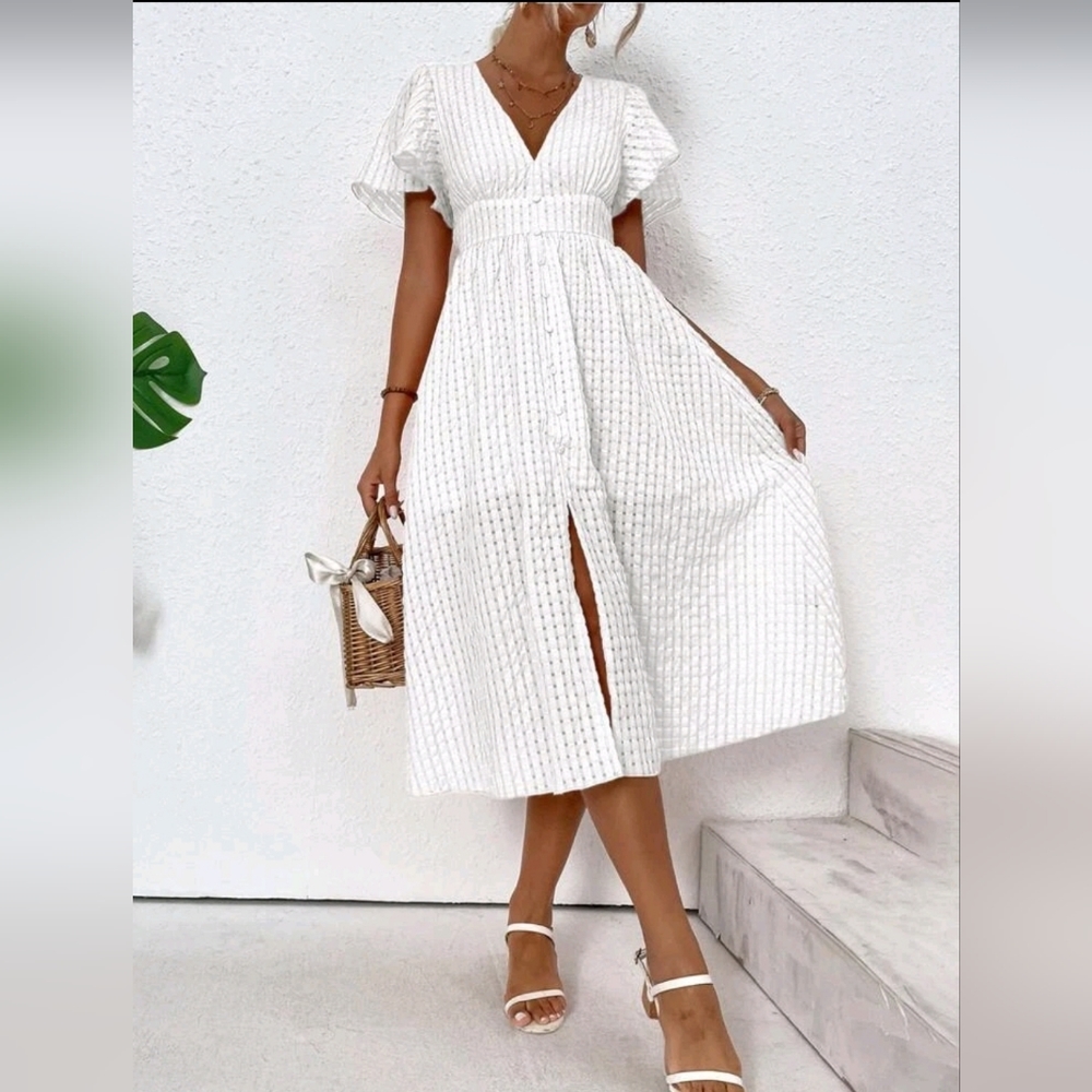 New Chic Seersucker Midi Dress Flutter Sleeve White - Picture 2 of 8